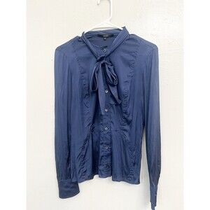 Authentic GUCCI navy button front blouse Size 40 Small Italy Silk Blend Bow Tie